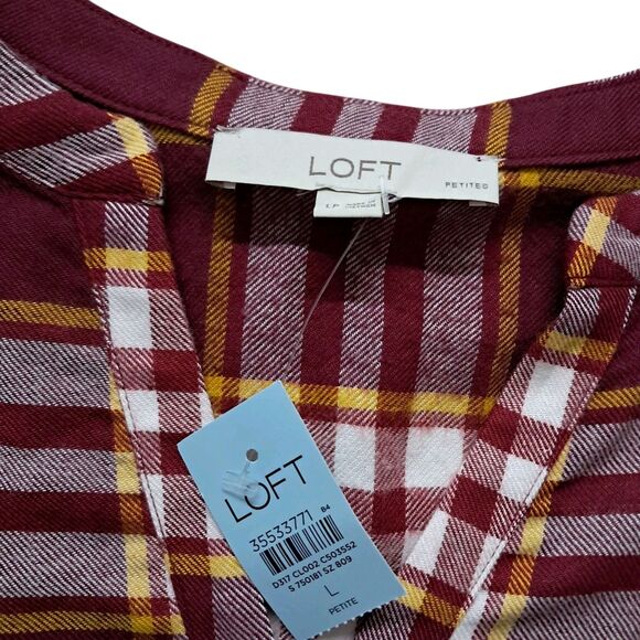 NWT Loft Dress Women's Large Petite Red‎ Mini Plaid Side Tie Flare Tiered Fall - Picture 3 of 13